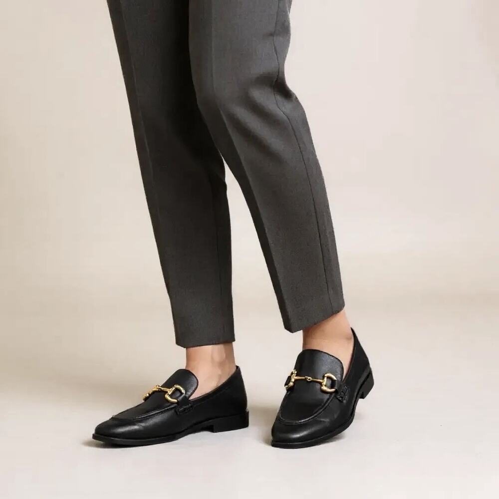 Jeffrey Campbell 7.5 Gold Horsebit Black Loafers Quiet Luxury